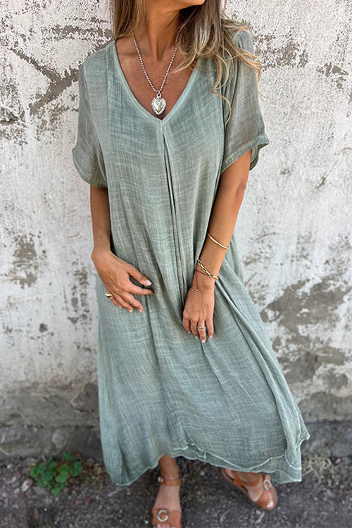 Rosiedress V Neck Loose Fit Cotton Linen Midi Dress Green