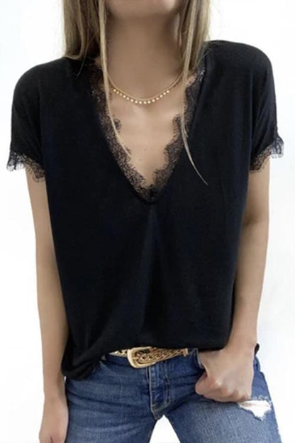 V Neck Solid Lace Blouse Top