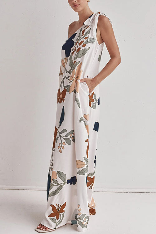 Robe longue à imprimé floral et nœud à une épaule