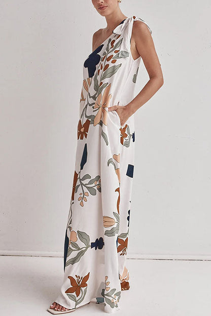 Robe longue à imprimé floral et nœud à une épaule