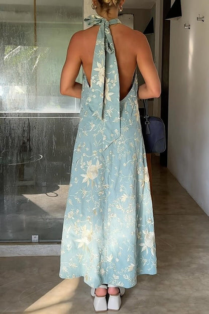 Bow Knot Halter Backless Floral Print Maxi Vacation Dress