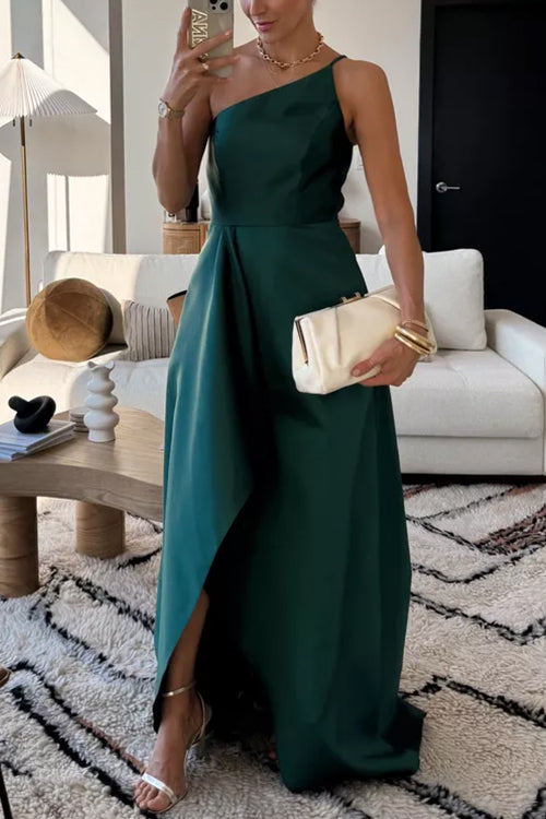 One Shoulder Waisted Slit Satin Maxi Party Dress Green