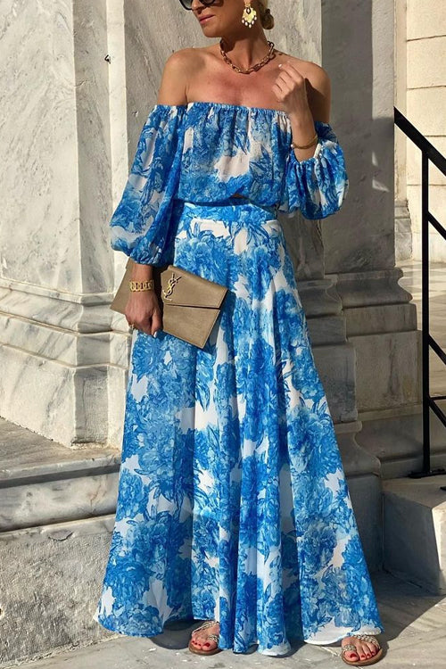 Rosiedress Off Shoulder Lantern Sleeves Printed Flowy Maxi Dress Blue