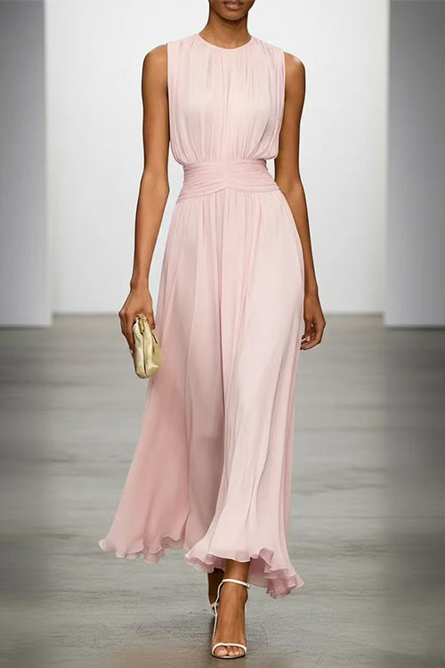 Crewneck Sleeveless Zipper Back Waisted Maxi Dress
