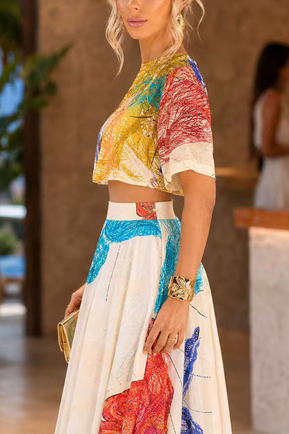 Crewneck Short Sleeves Crop Top High Rise Maxi Skirt Floral Print Set