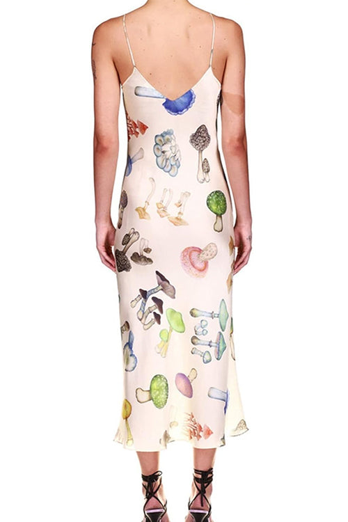 Spaghetti Strap V Neck Mushroom Print Midi Dress