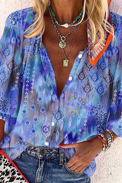 V Neck Long Sleeves Printed Casual Blouse Shirt Blue