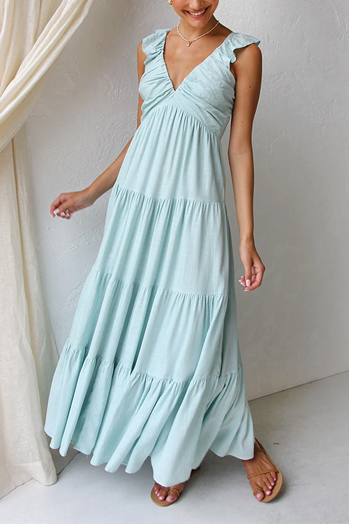 Rosiedress V Neck Ruffle Trim Tiered Sleeveless Linen Maxi Dress