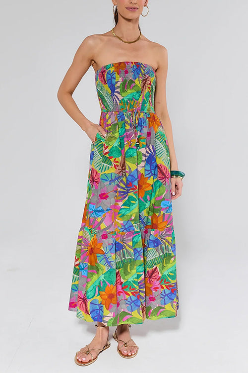 Strapless High Waist Floral Print Ruffle Maxi Dress