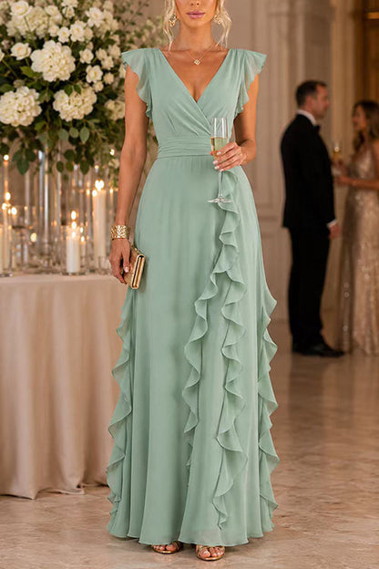 V Neck High Waist Solid Ruffle Maxi Dress