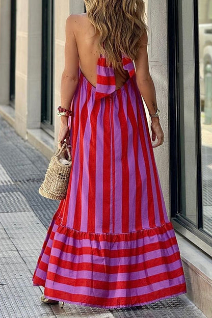 Rosiedress Halter Neck Open Back Striped Ruffle Maxi Vacation Dress