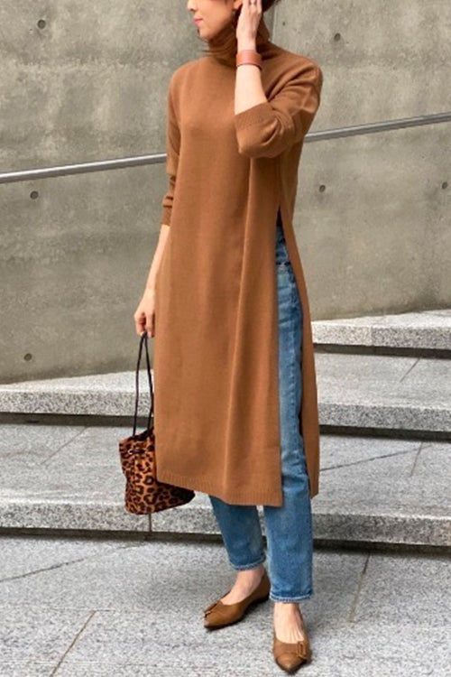 Turtleneck Drop Shoulder Side Slit Loose Sweater Dress Camel