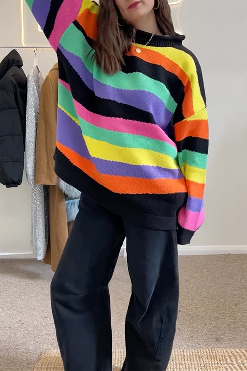 Drop Shoulder Colorful Striped Sweater