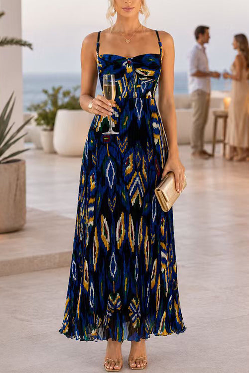 Sweetheart Neck Aztec Print Pleated Maxi Dress