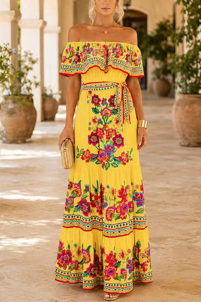 Off Shoulder Floral Print Ruffle Swing Maxi Dress
