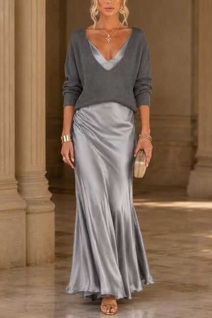 V Neck Drop Shoulder Sweater and Satin Maxi Cami Dress Set (B)