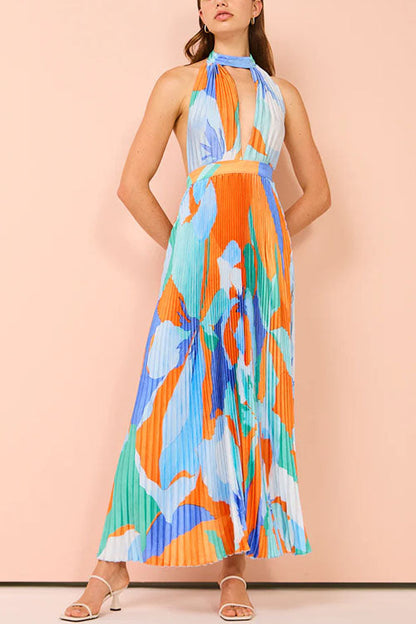 Deep V Neck Halter Backless Printed Maxi Pleated Dress