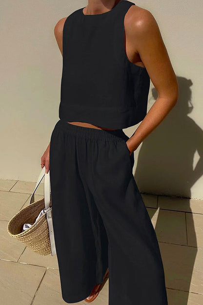 Solid Crewneck Crop Tank Top Elastic Waist Wide Leg Pants Set Black