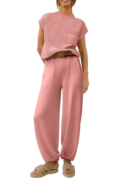 Short Sleeves Ribbed Knit Pullover Ruched Harem Pants Set Pink