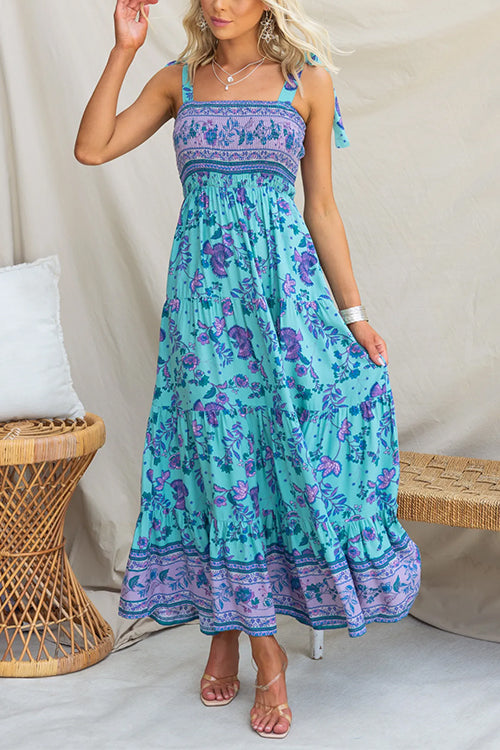 Tie Shoulder Smocked High Waist Tiered Floral Maxi Cami Dress