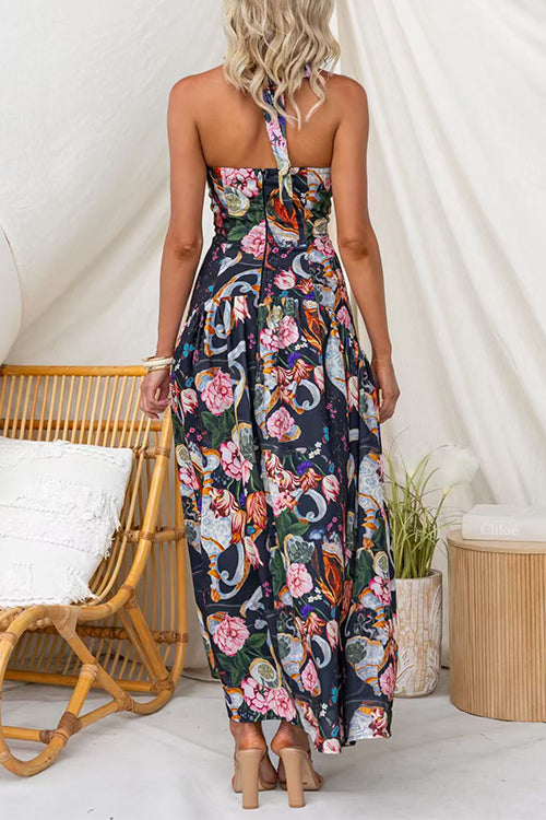 Halter Neck Floral Print Swing Maxi Dress