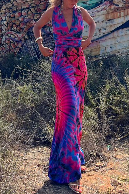 Rosiedress V Neck Criss Cross Backless Tie Dye Maxi A-line Dress