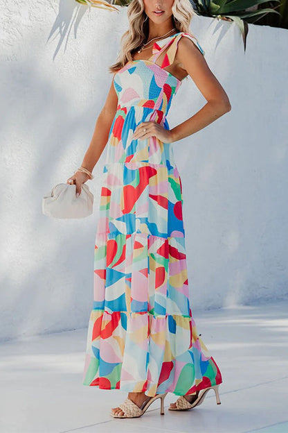 Rosiedress Bow Shoulder Ruffle Tiered Printed Flowy Maxi Cami Dress