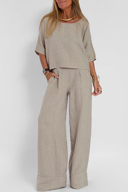 Round Neck 3/4 Sleeves Pullovers Wide Leg Pants Cotton Linen Set Gray