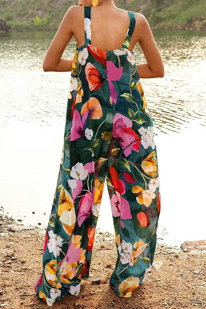 V Neck Sleeveless Floral Print Wide Leg Jumpsuit