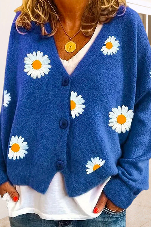 V Neck Button Up Daisy Embroidery Sweater Cardigan Blue