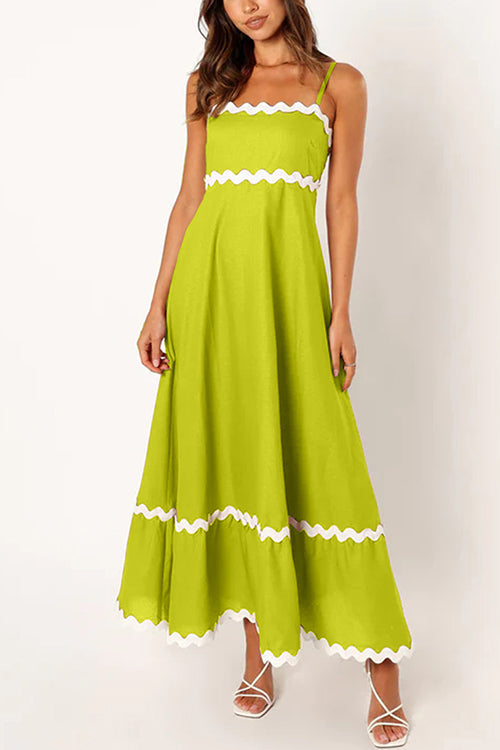 High Waist Ric Rac Print Swing Midi Cami Dress Green