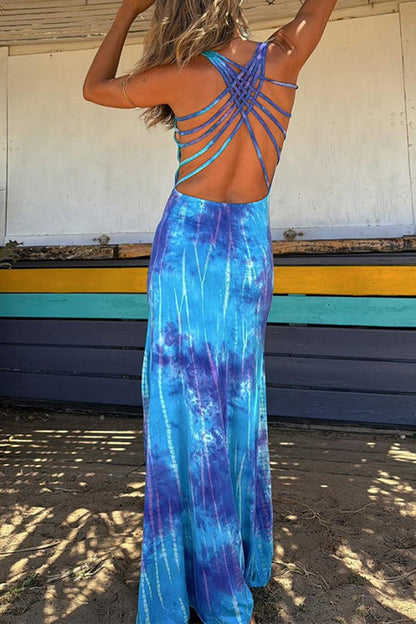 Scoop Neck Backless Criss Cross Tie Dye Maxi Dress Blue