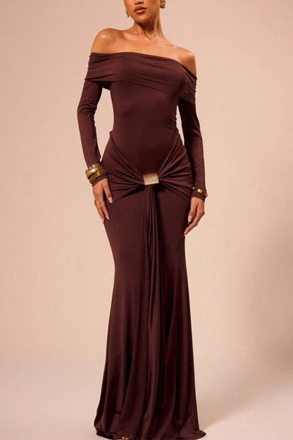 Off Shoulder Knot Front Bodycon Maxi Party Dress