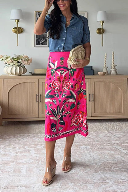 High Rise Tropic Print Midi Skirt