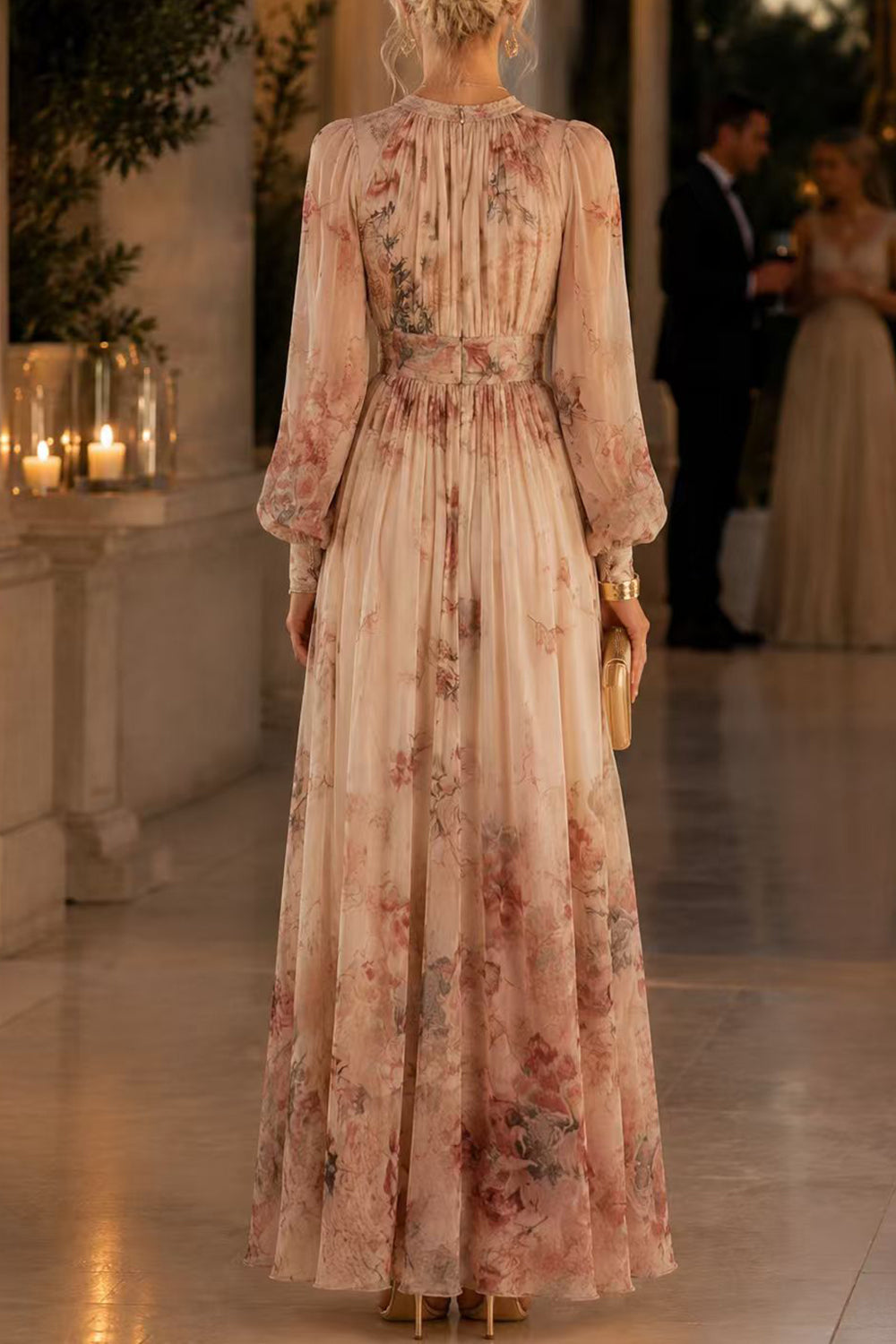 Puff Long Sleeves High Waist Floral Print Maxi Dress