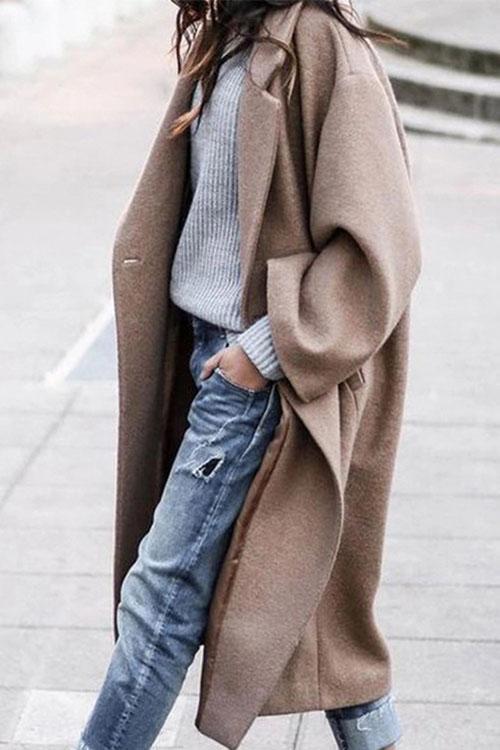 Rosiedress Solid Long Sleeve Oversized Winter Long Coat Khaki