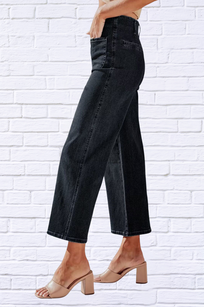 Button Fly Cropped Wide Leg Jeans