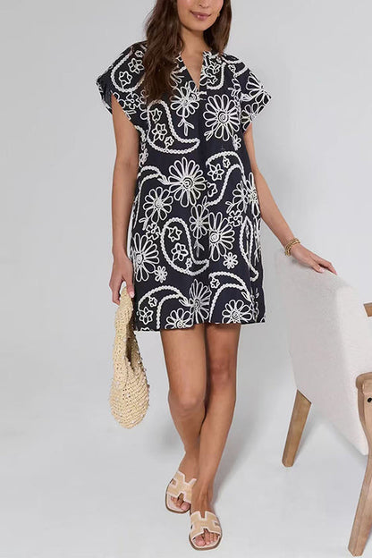 V Neck Short Sleeves Floral Print Mini Dress