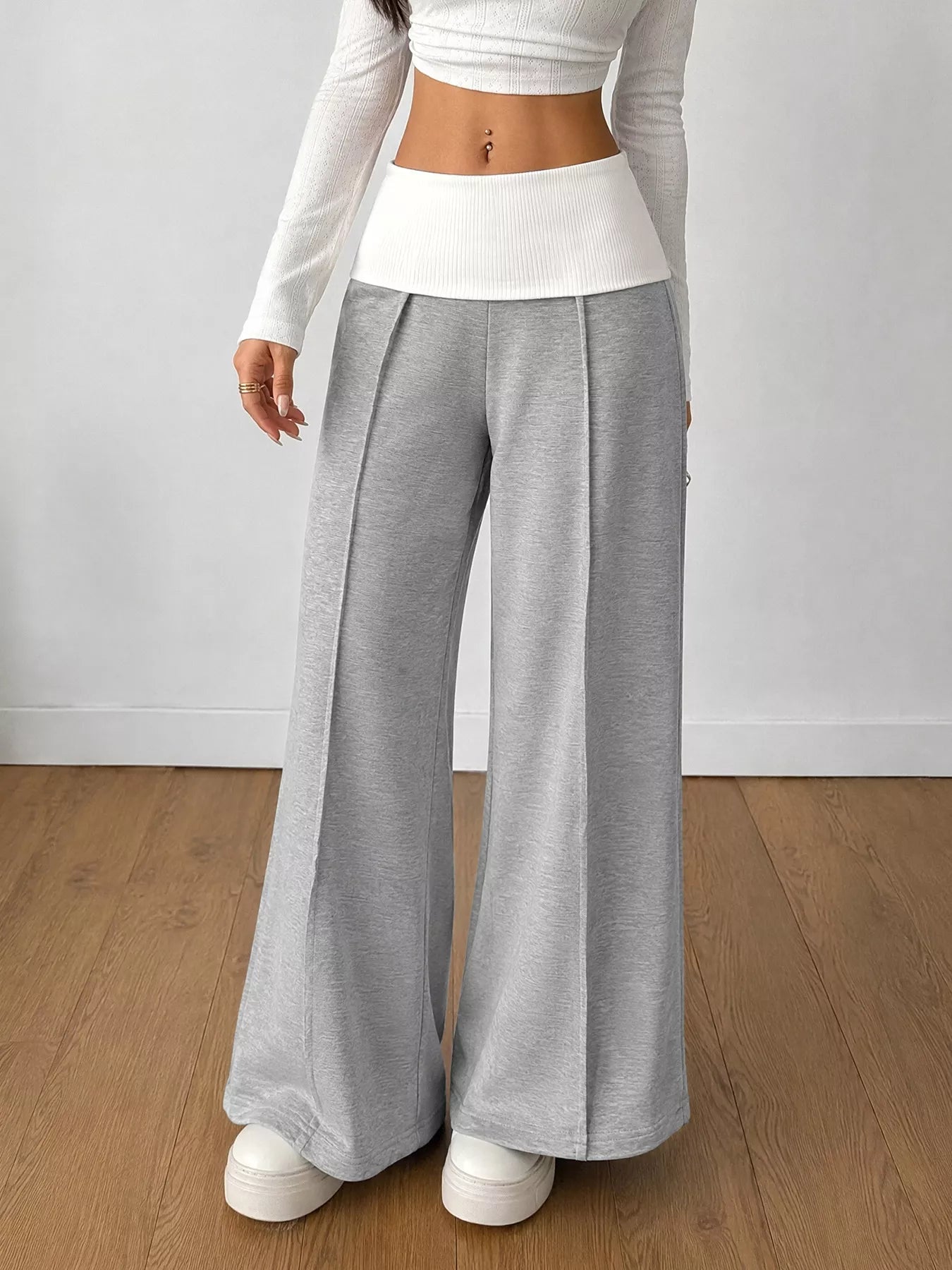 High-Waisted Wide-Leg Contrast Pants
