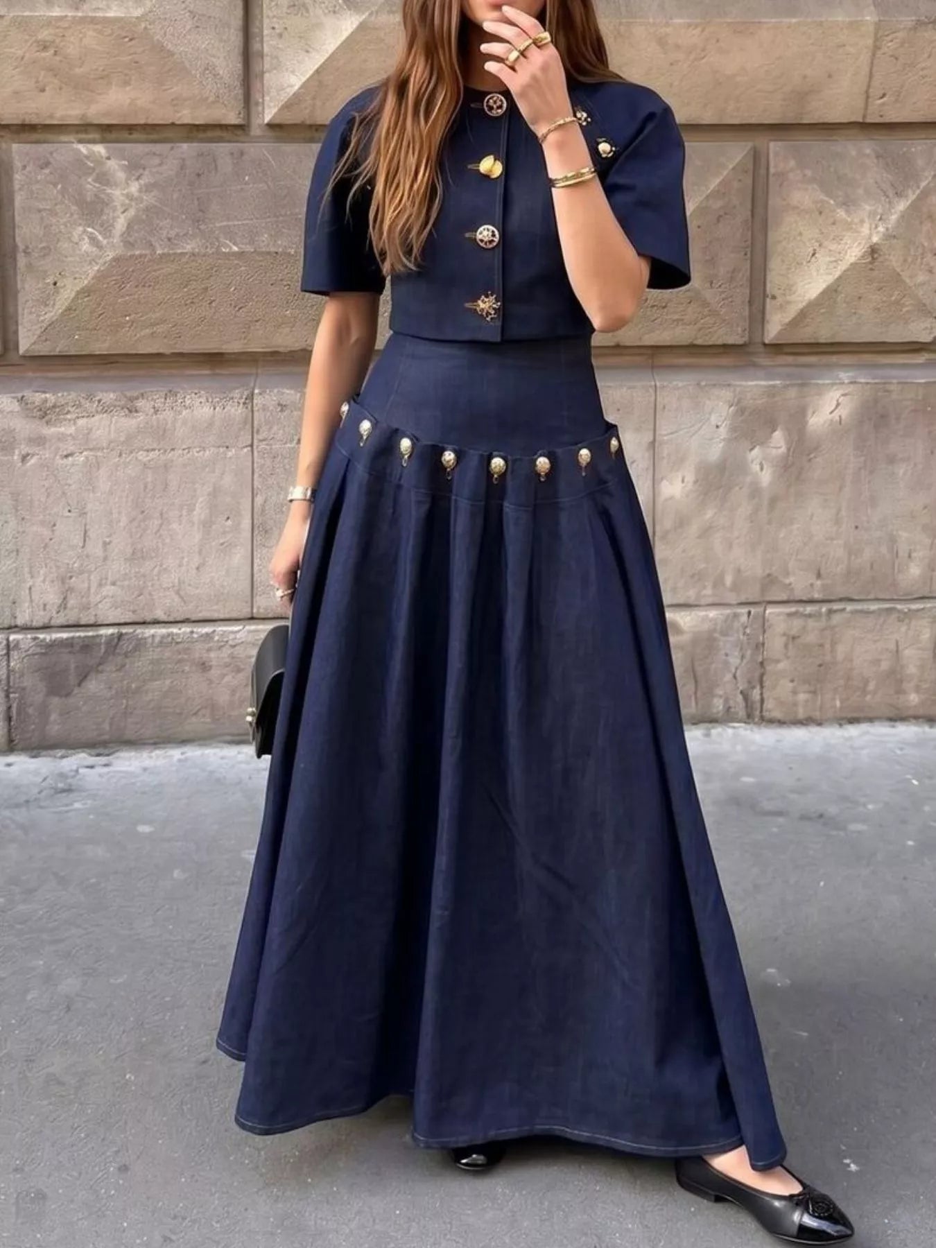Gold Button Top and Skirt Denim Set