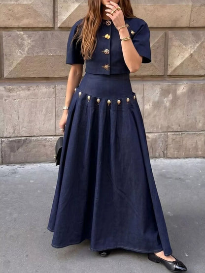 Gold Button Top and Skirt Denim Set