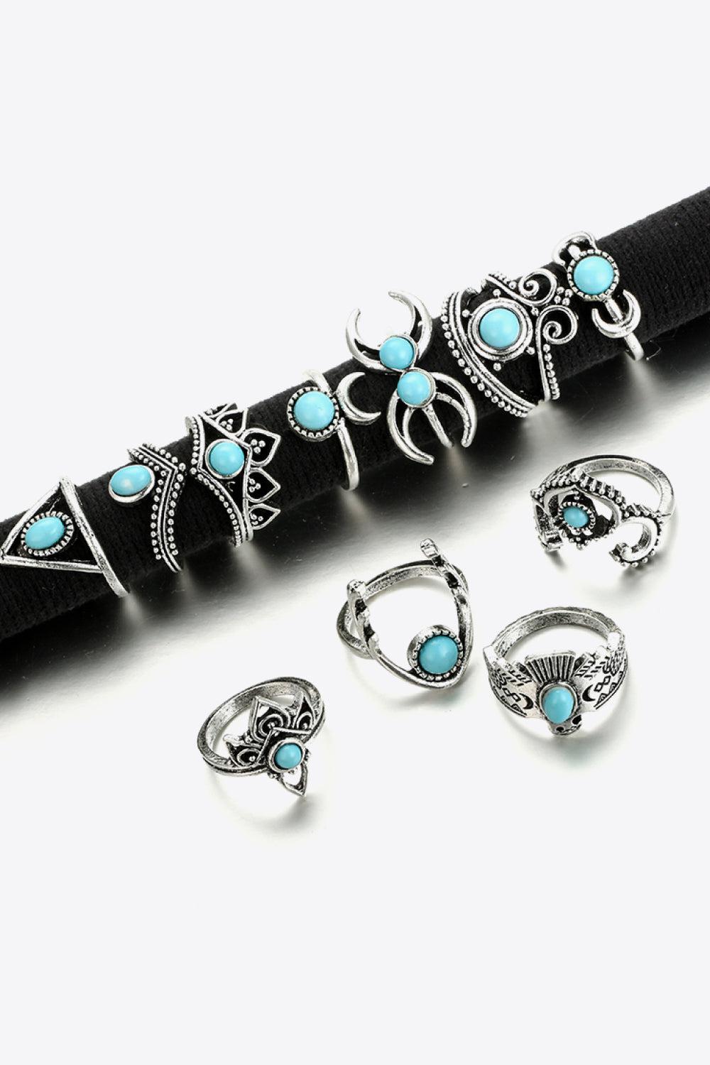 Blue Zone Planet | 11-Piece Vintage Inlaid Artificial Turquoise Ring Set