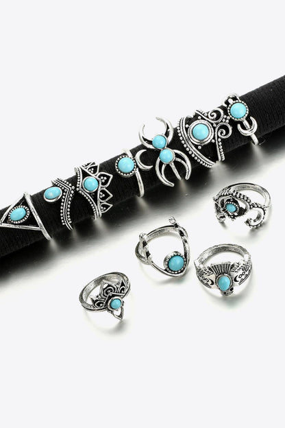 Blue Zone Planet | 11-Piece Vintage Inlaid Artificial Turquoise Ring Set