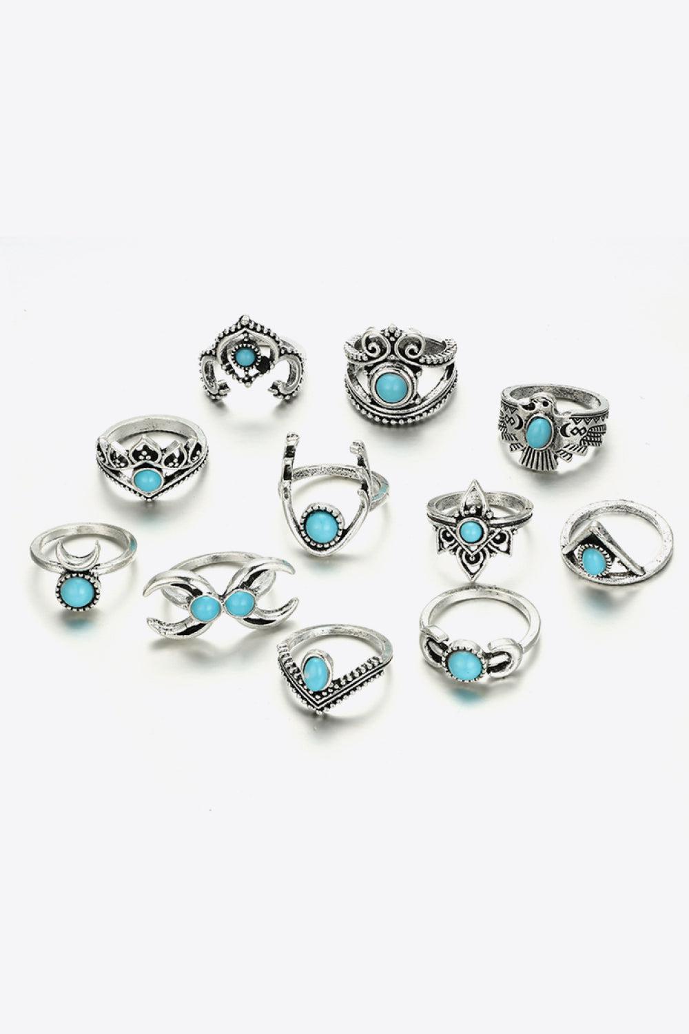 Blue Zone Planet | 11-Piece Vintage Inlaid Artificial Turquoise Ring Set