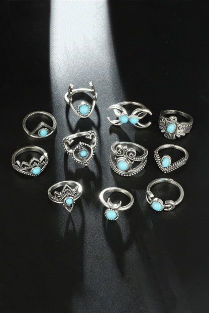 Blue Zone Planet | 11-Piece Vintage Inlaid Artificial Turquoise Ring Set
