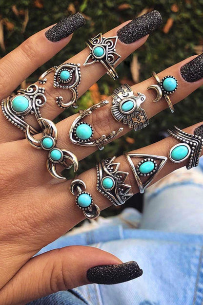 Blue Zone Planet | 11-Piece Vintage Inlaid Artificial Turquoise Ring Set