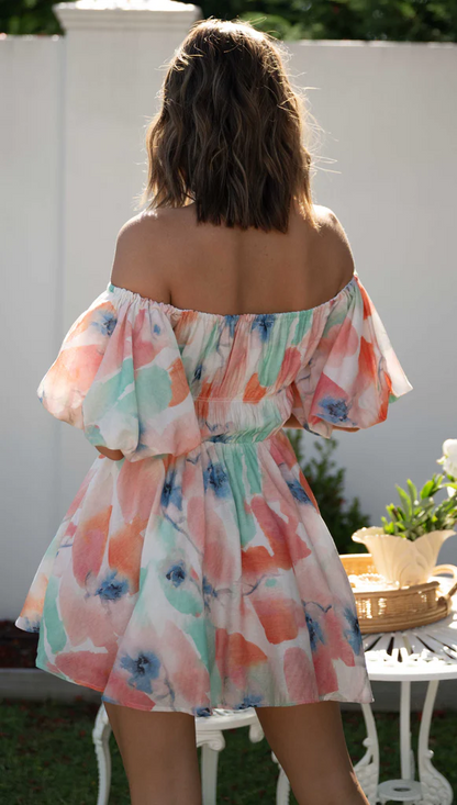 Vacation Tie Dye Printed Off Shoulder Dress