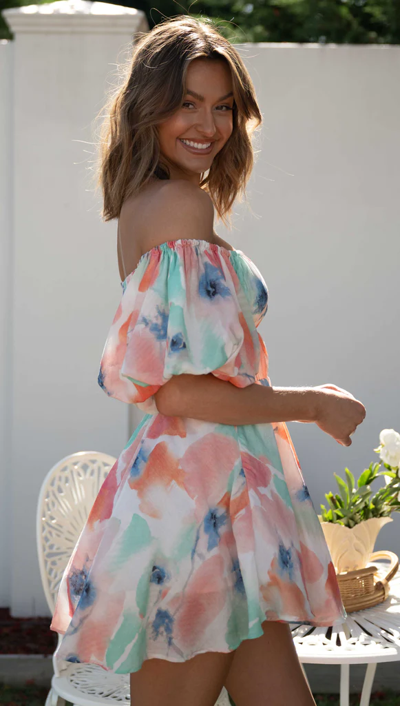 Vacation Tie Dye Printed Off Shoulder Dress