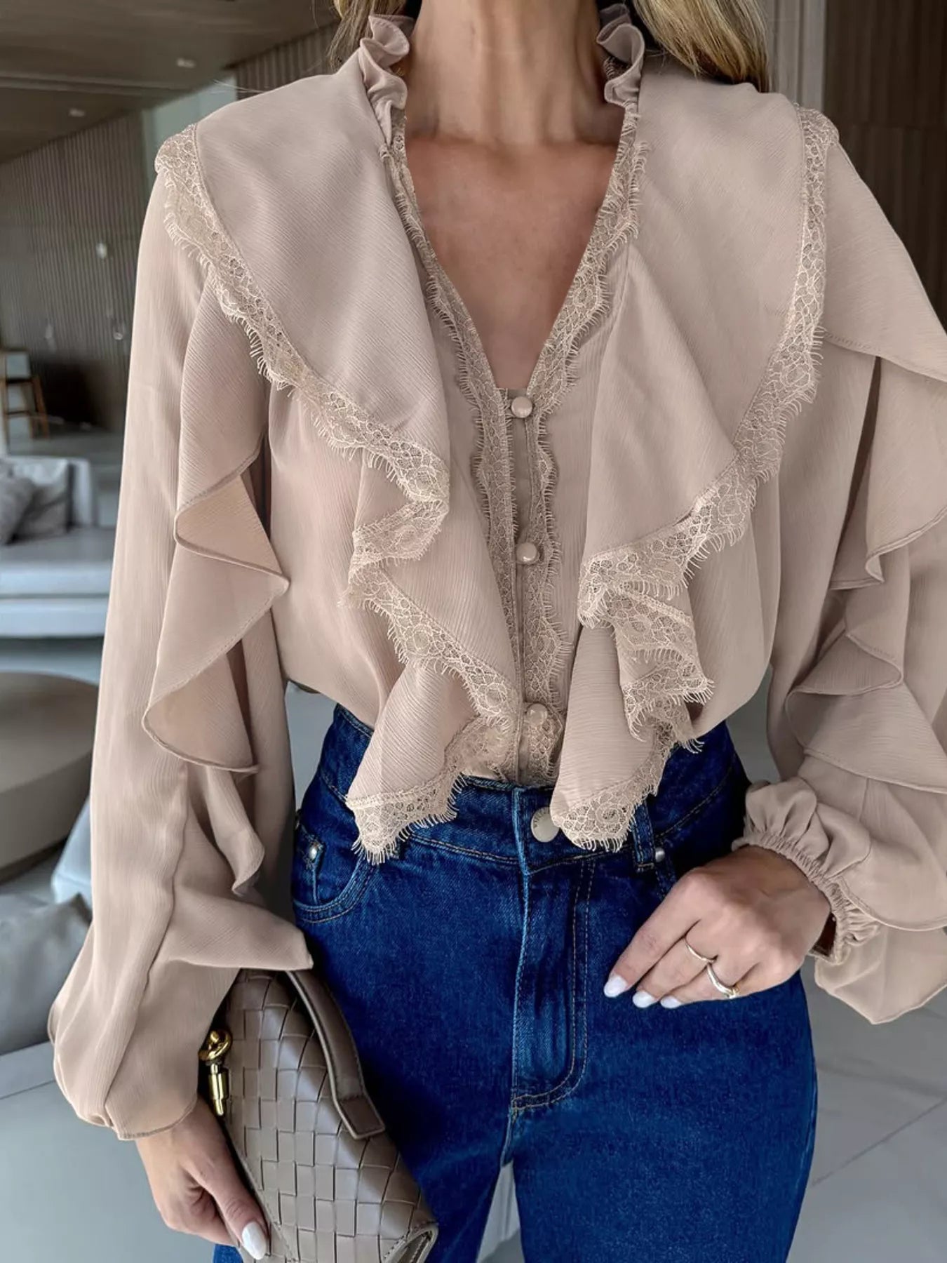 V-Neck Ruffled Lace Trim Blouse