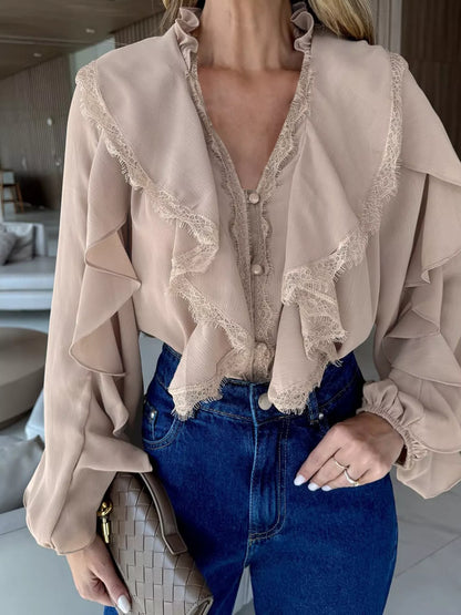 V-Neck Ruffled Lace Trim Blouse